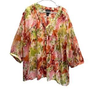 Maggie Barnes Shear Metallic Floral 3/4 Sleeve Blouse‎ 4X V Neck